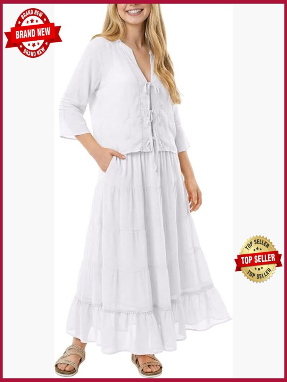 2 Piece Skirt Set Summer Chiffon Blouse Maxi Dress Vacation Outfit Pockets